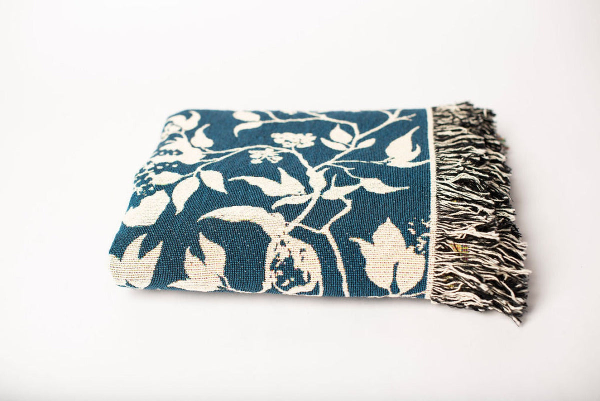 Teal Bird and Botanical Jacquard Woven Throw
