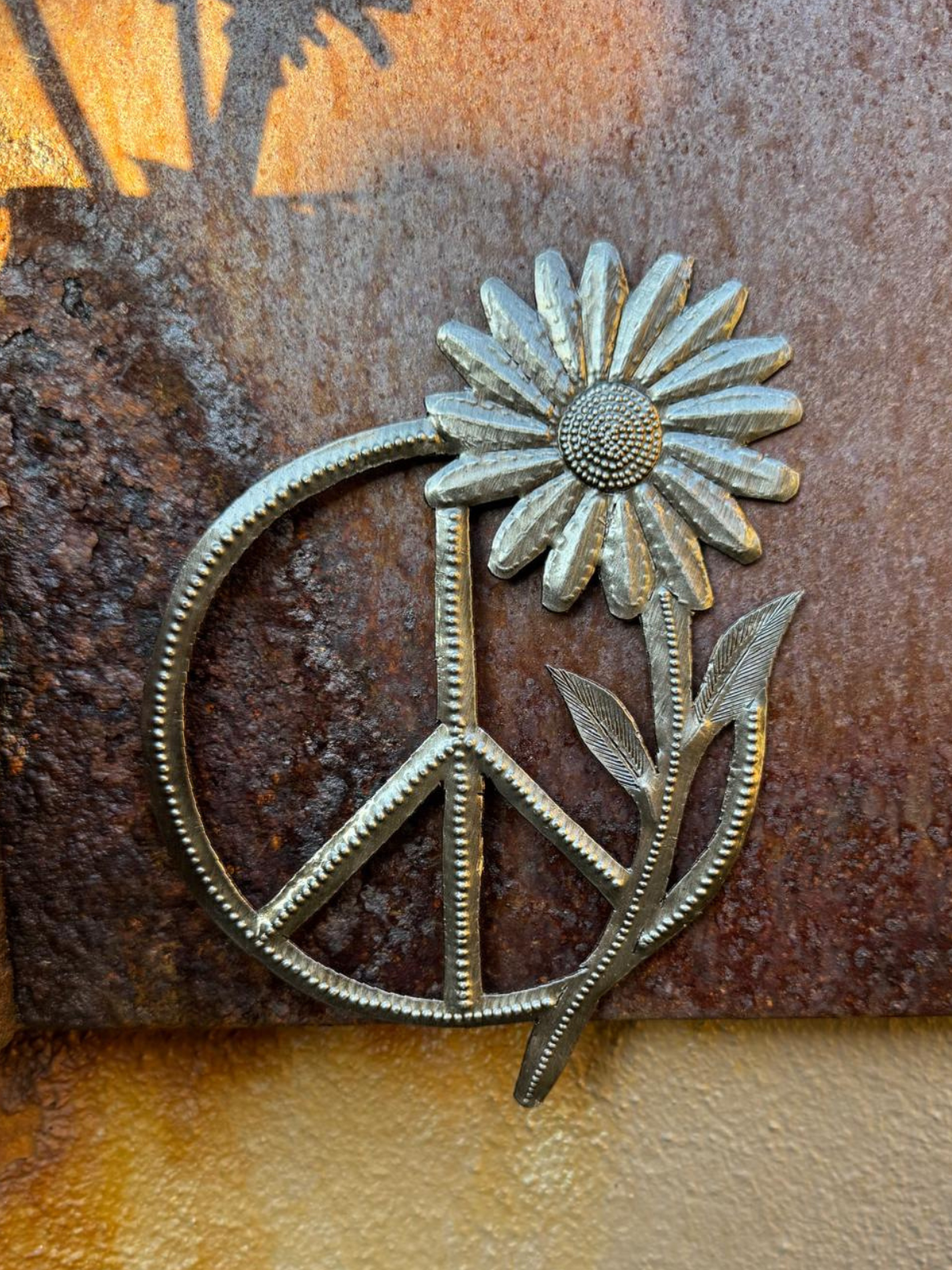 Peace Sign wih Sunflower, Handmade Metal Art 6.25"x4.5"