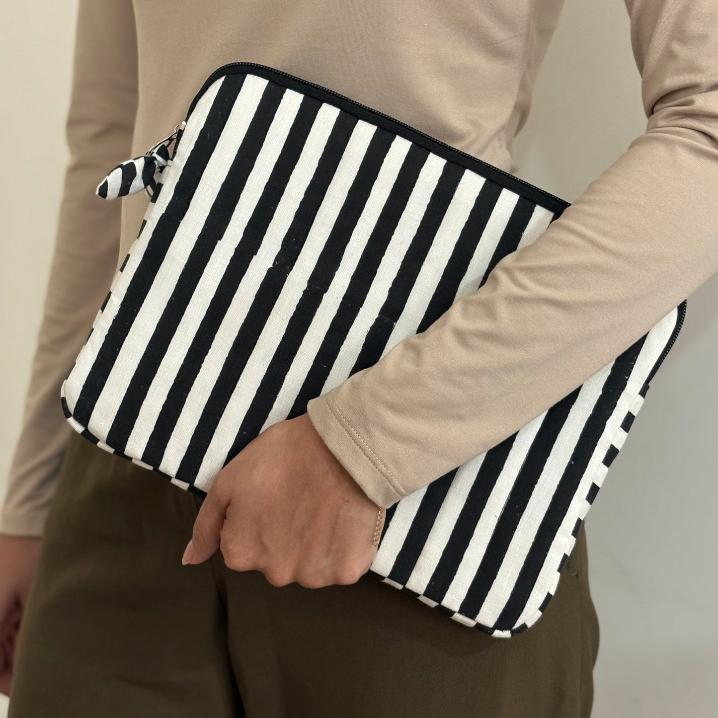 Quilted Cotton Tablet Sleeve + Hand Block Printed Stripes