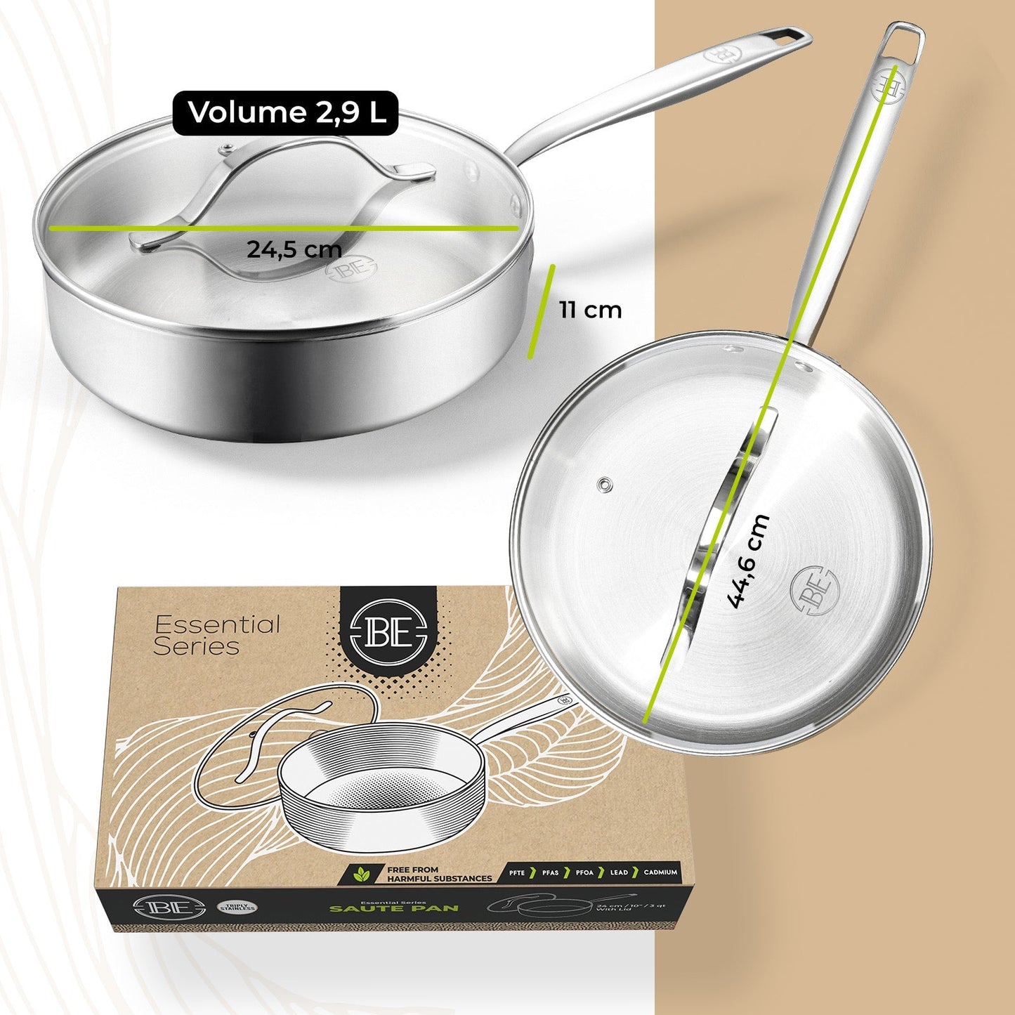 BE | LIVING Essential Series Saute Pan 24 cm (Triply stainless steel)