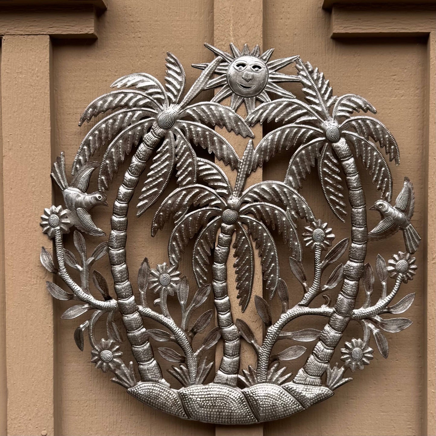 Haitian Metal Wall Art – Palms, Sun & Birds, Fair Trade 23"