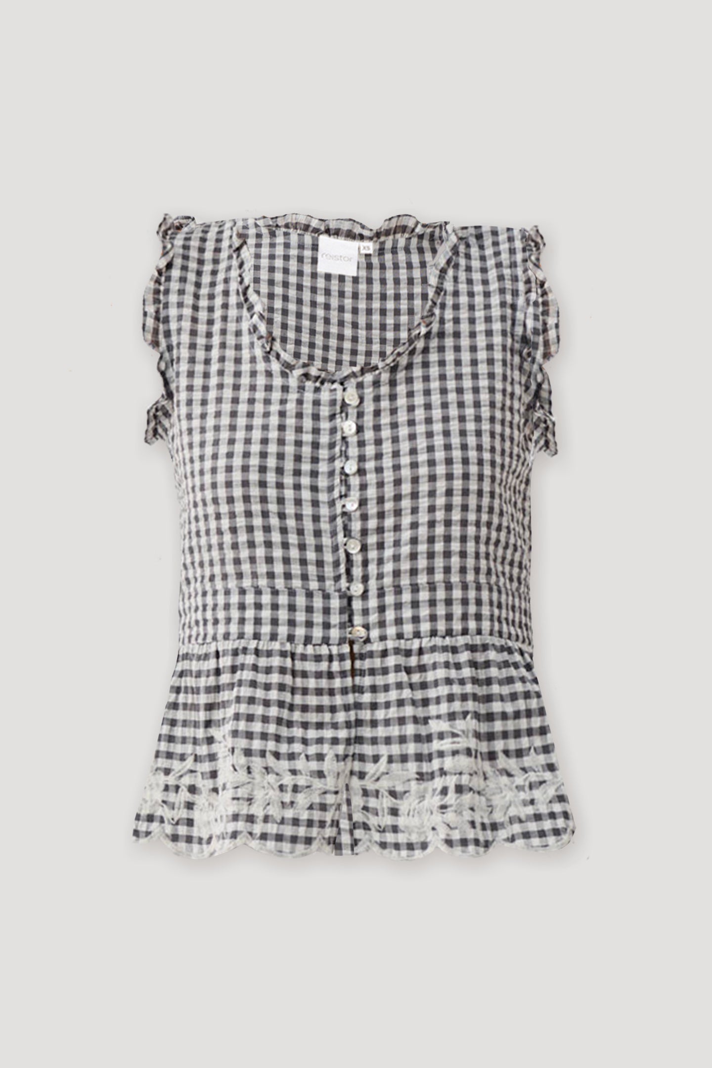 Embroidered Peplum Top in Grey Check