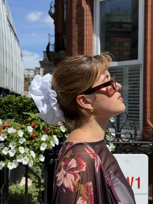 organic cotton White Broderie Anglaise scrunchie - Azaria | No More Nobody