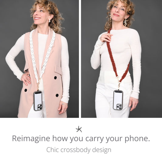 Woman wearing a cream strap and the Wear Hope terra cotta strap with phones attached