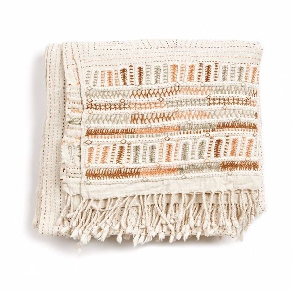 Unah Coral Fully Hand Embroidered Handwoven Organic Cotton Throw