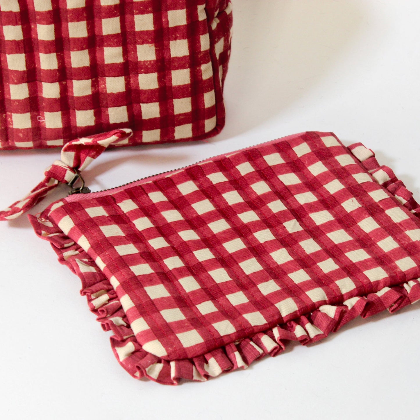 Quilted Cotton Travel Pouch with Red Checks and Ruffle Trim