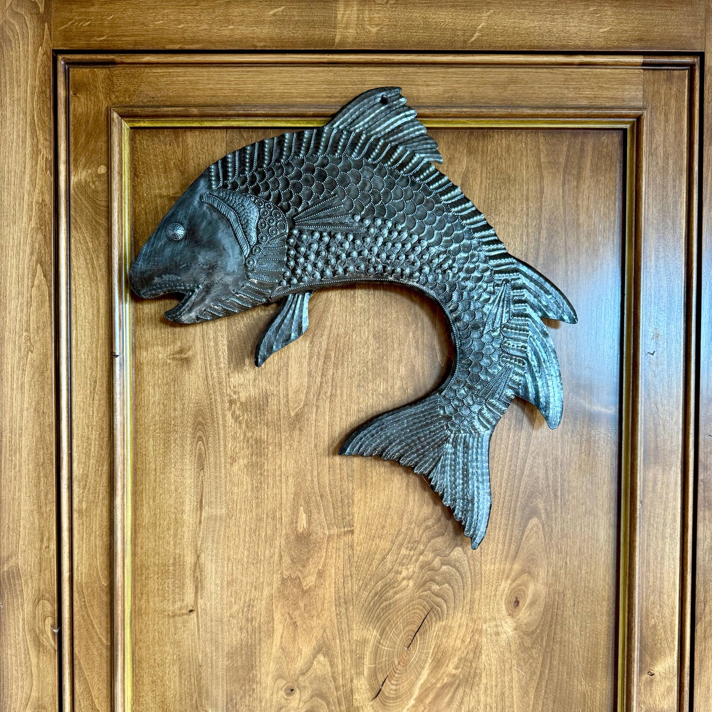 Salmon Jumping, Hand Cut Haitian Metal Art 17" x 15"