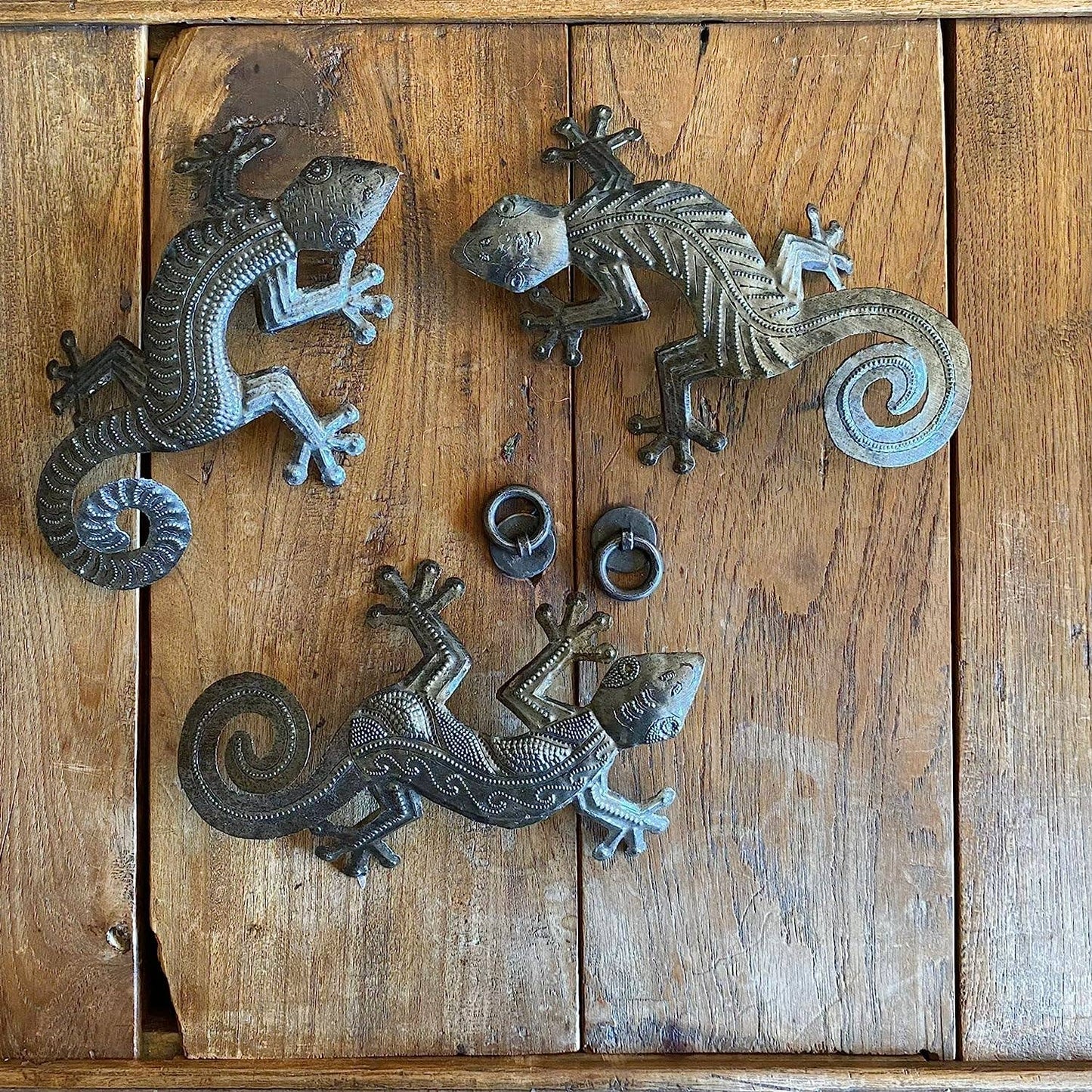 Geckos, Handmade From Recycled Steel Drum Barrels 8" x 6"