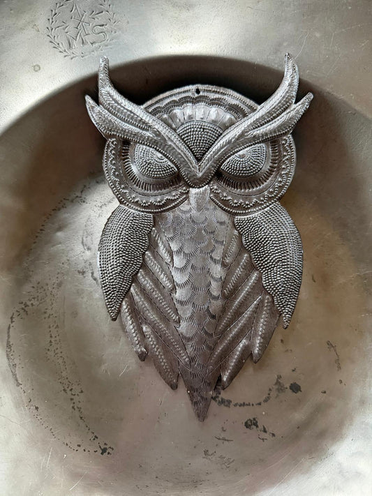 Haitian Metal Owl Wall Art Steel Drum Sculpture Handcrafted