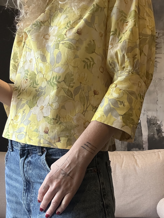 Yellow Big Floral Cotton Voile Blouse - Iwona | No More Nobody