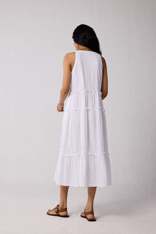 Embroidered Sleeveless Maxi Dress in White