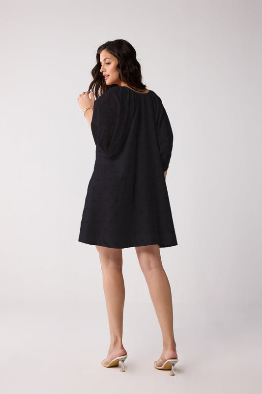 Puff Sleeved Dress with Drawstring Neckline in Black