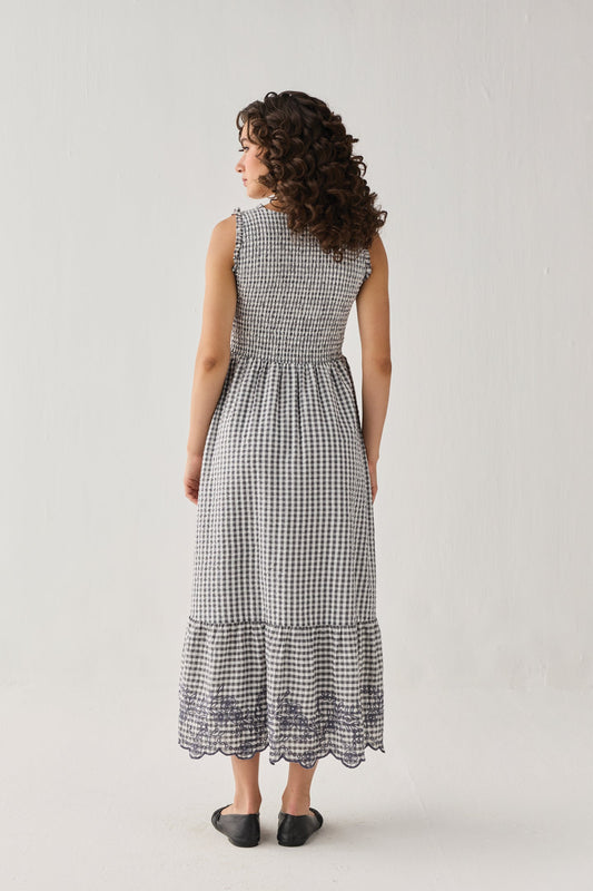 The Smocked Maxi Dress in Grey Check