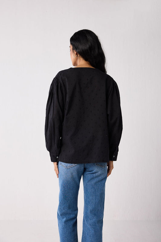 Embroidered Shirt with Long Balloon Sleeves in Black
