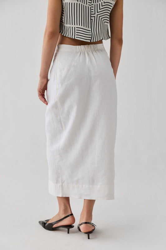 Fitted Overlap Midi Skirt in Off - White