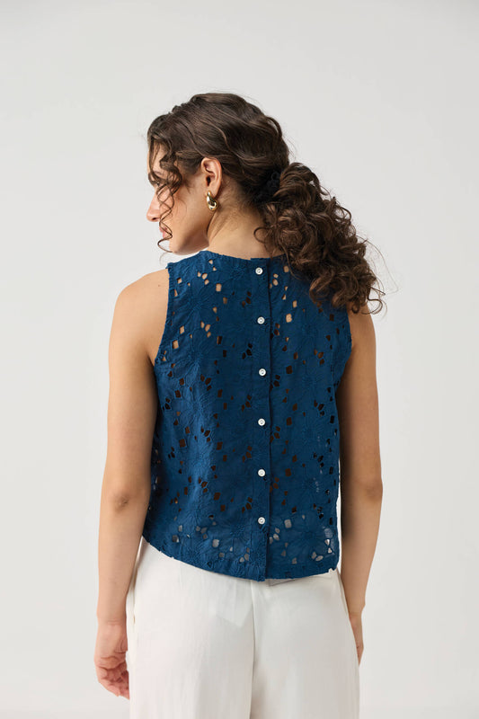 The Embroidered Button Back Top in Blue