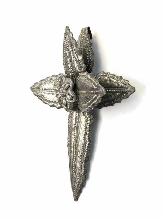 Handmade Haitian Metal Wall Cross 6 " x7" w/ Center Flower