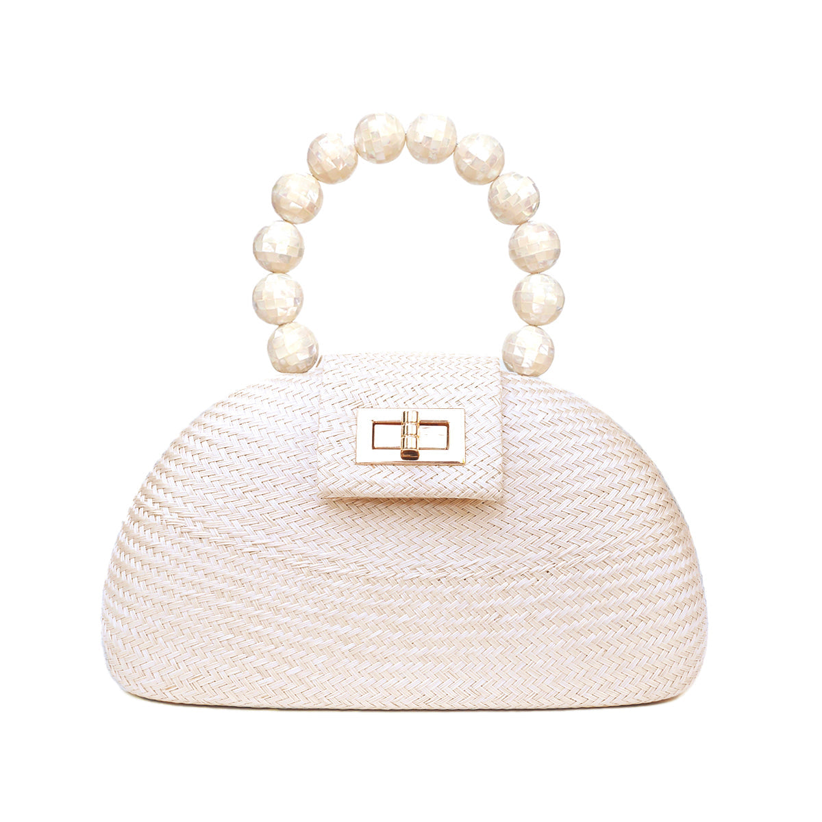 THE ORLA Cream Woven Straw & Shell Pearl Bead Statement Clutch Bag