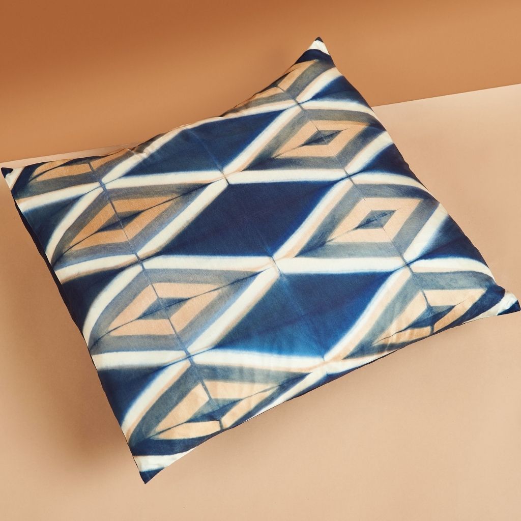 Tisa Indigo Handcrafted Shibori Geometri Print Mulberry Silk Pillow