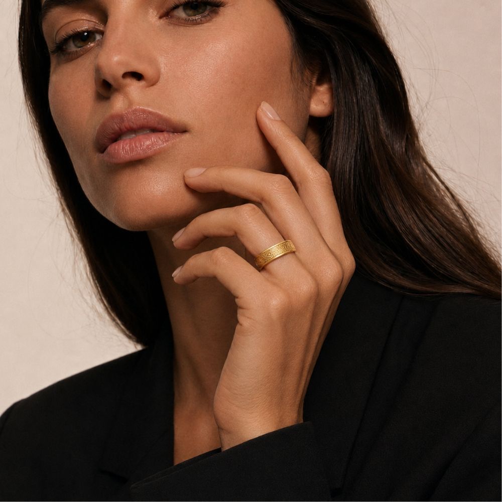 The Diamonds Pattern 18k Gold Plated Stainless Steel Ring