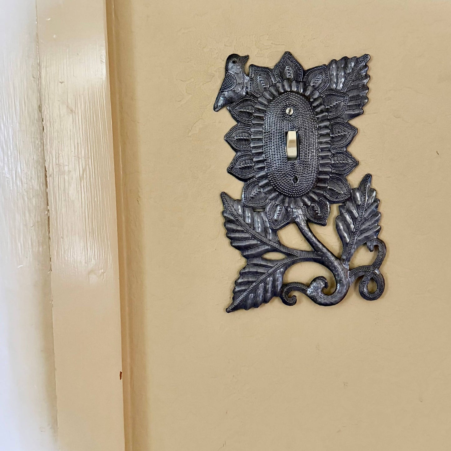 Haitian Metal Switch Plate Sunflower Bird 5.75x9 Handmade