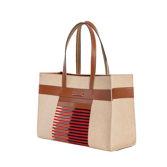 Tobacco Leather & Canvas Tote Bag with Pockets