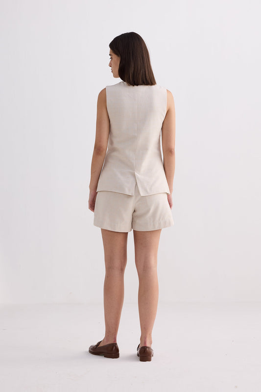Cotton Tweed Vest Jacket Set in Cream Back