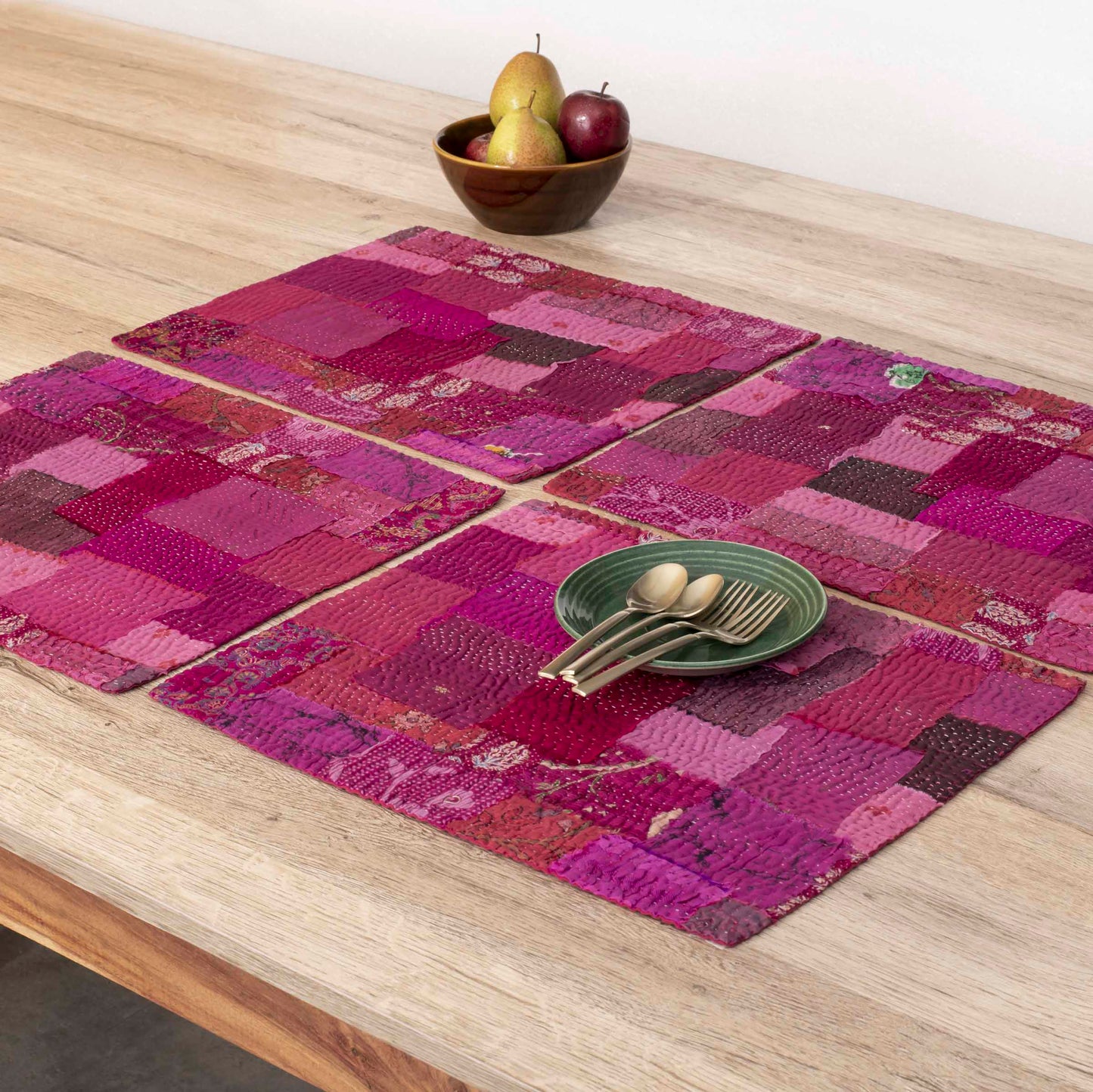 S/2 Printed Fray Vintage Cotton Kantha Placemat - Pink