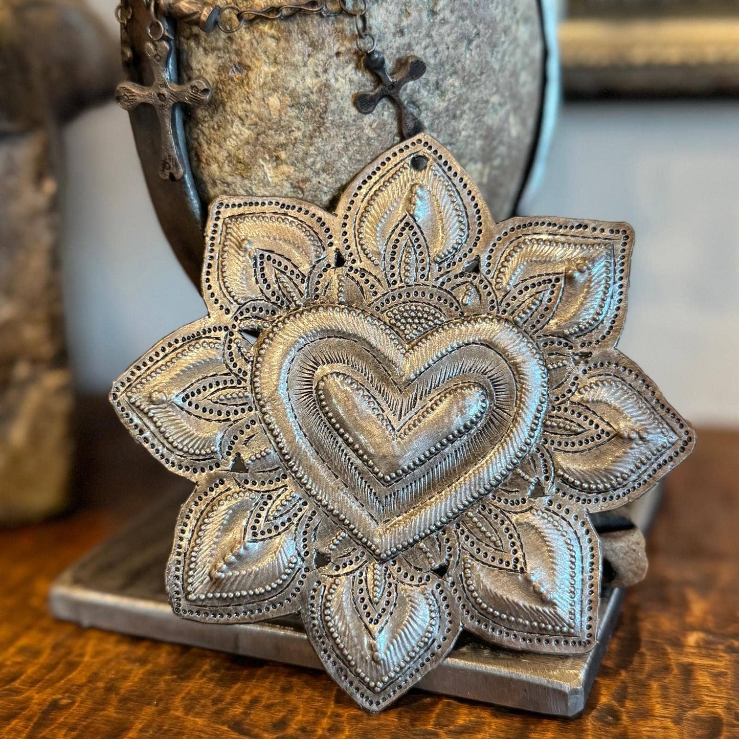 Handcrafted Sacred Heart with Floral Detail 4.75"X4.75"