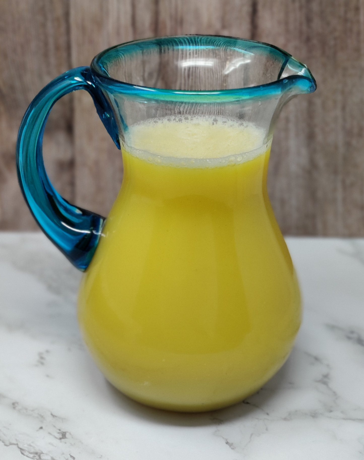 Hand Blown Glass Pitcher – Aqua Rim and Handle