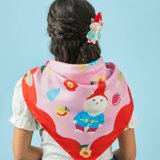 Cat Garden Gnome Silk Large Square Scarf