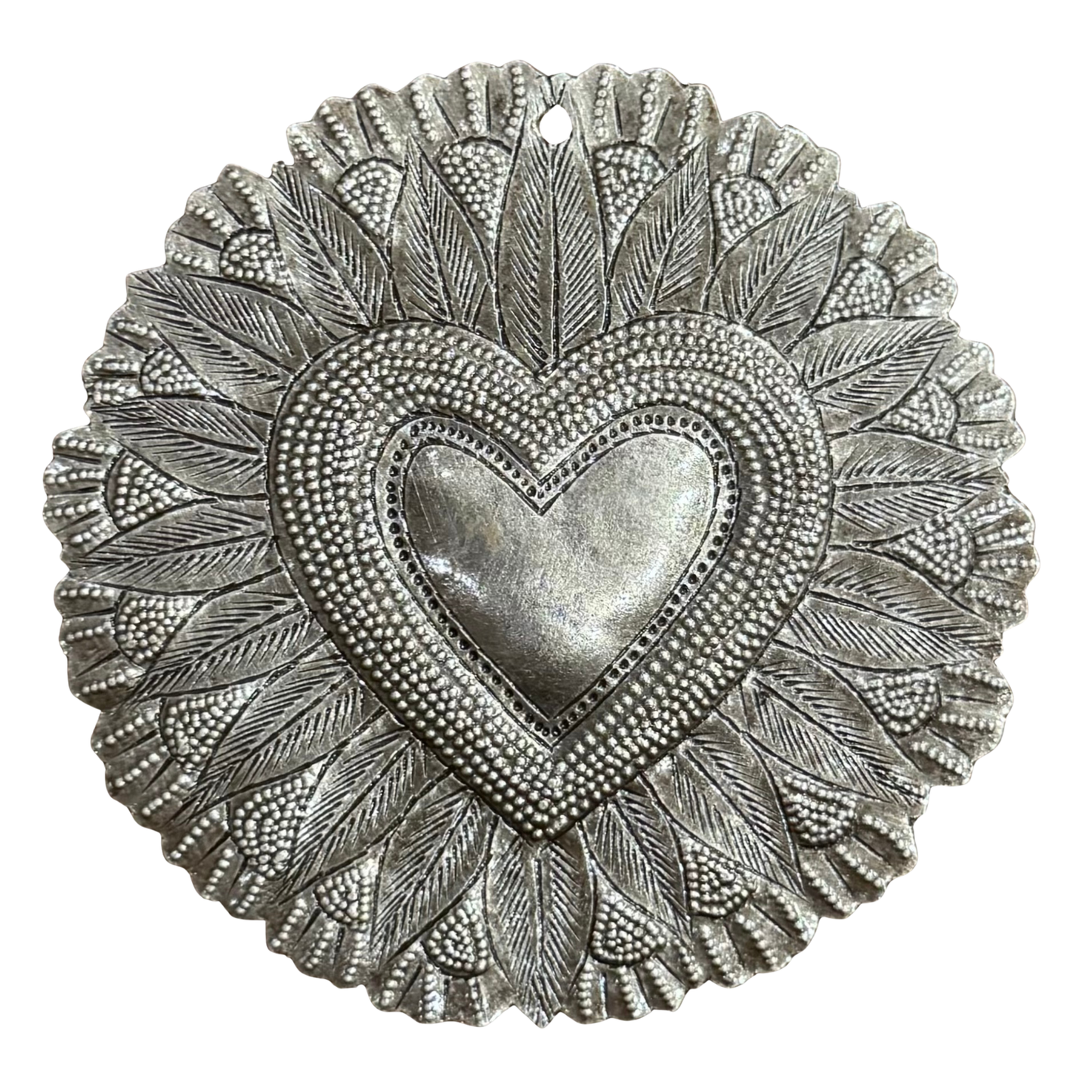 Haitian Metal Sacred Heart & Flowers 4" Handmade with Love