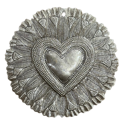 Haitian Metal Sacred Heart & Flowers 4" Handmade with Love