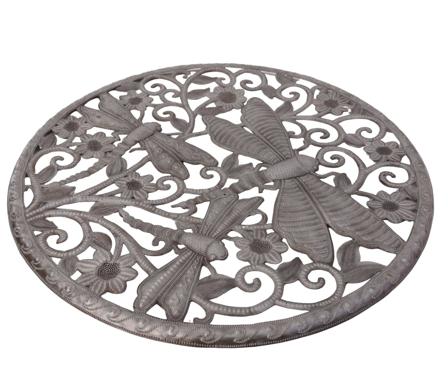 Haitian Metal Dragonfly Wall Art Round Floral Design 23"