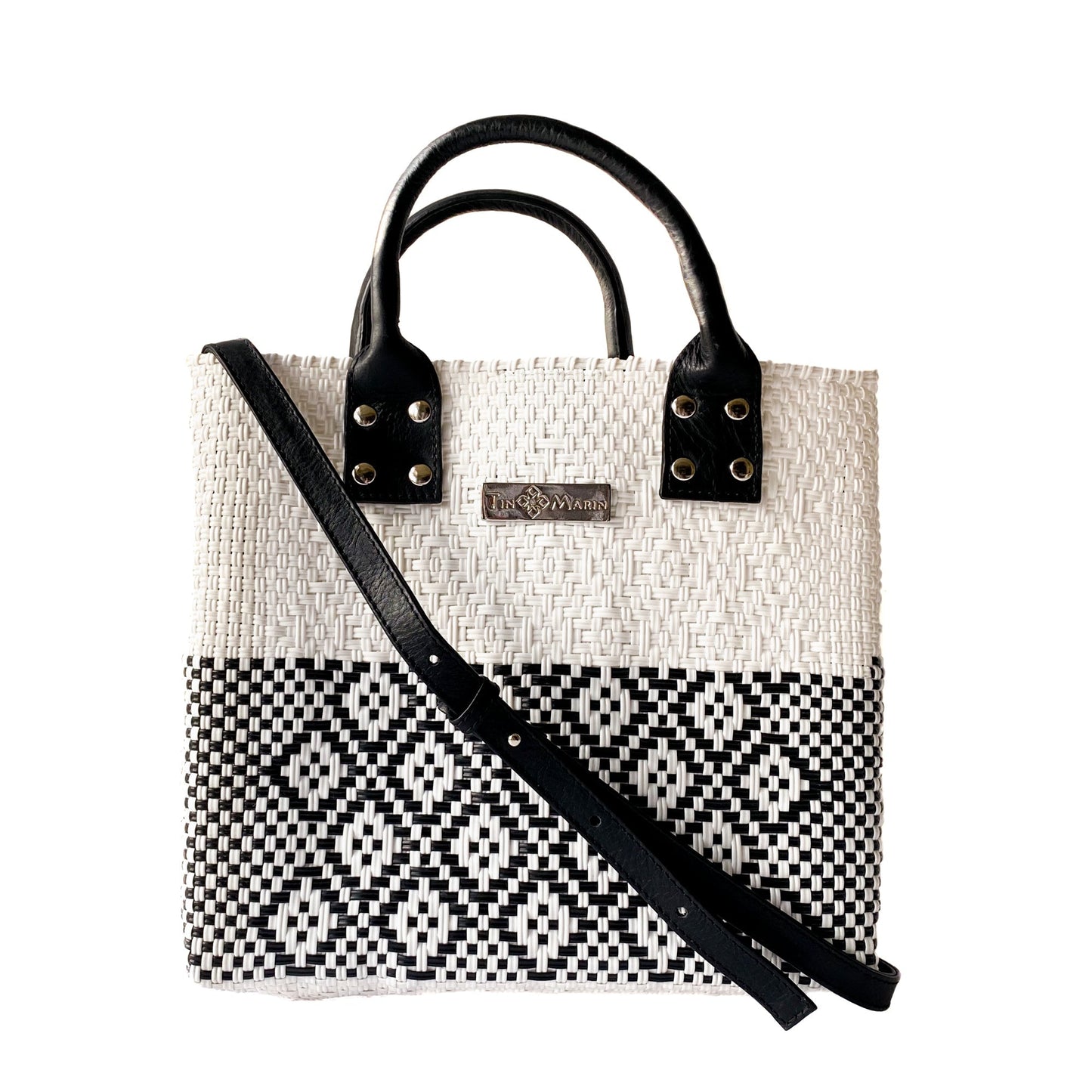 Tin Marin White Large Woven Crossbody Bag with Leather
