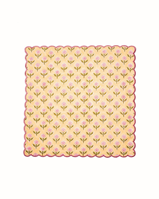 Mona Scallop Embroidered Blockprint Napkins in Butter Yellow, Set of 4