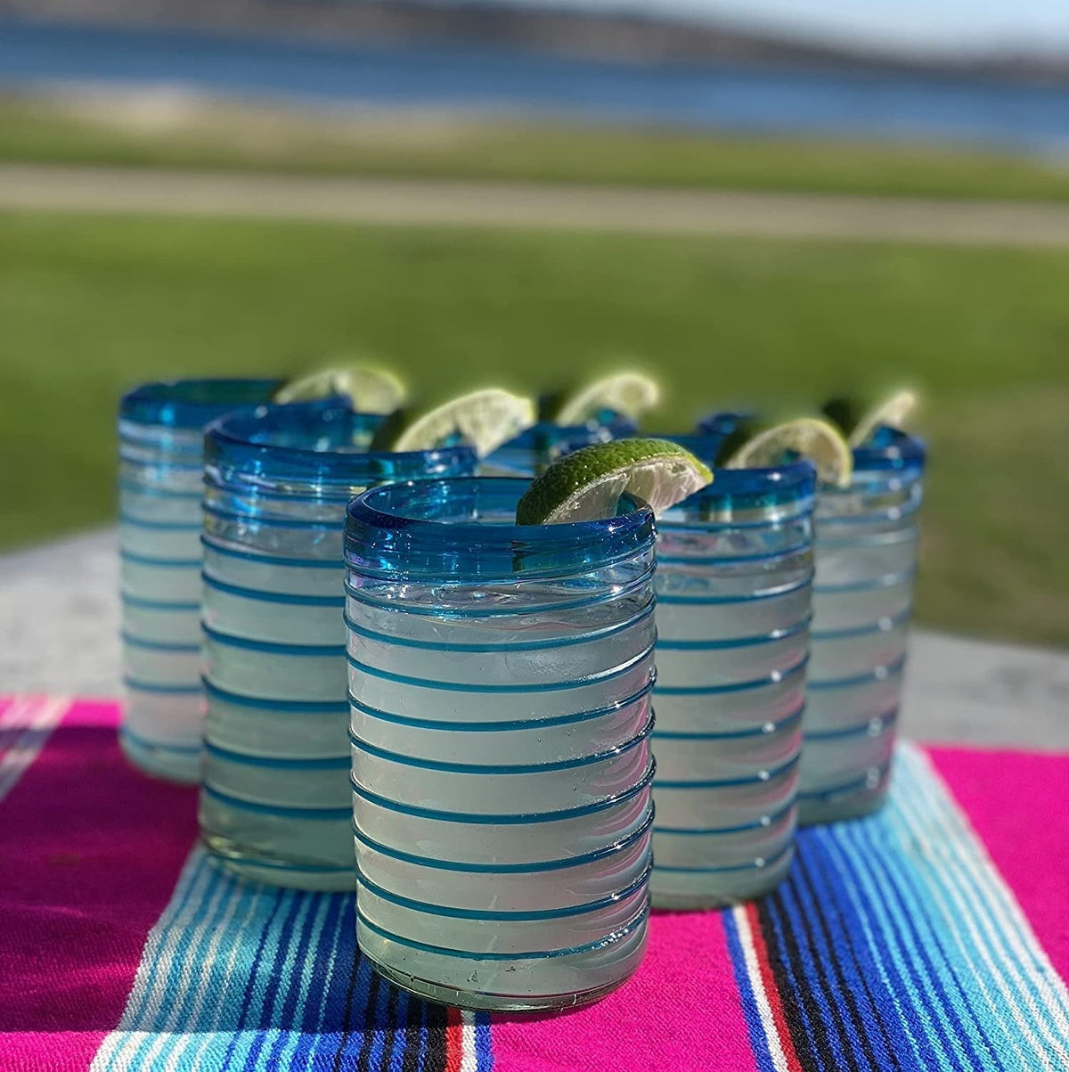 Set of 6 Glasses with an Aqua Spiral Design