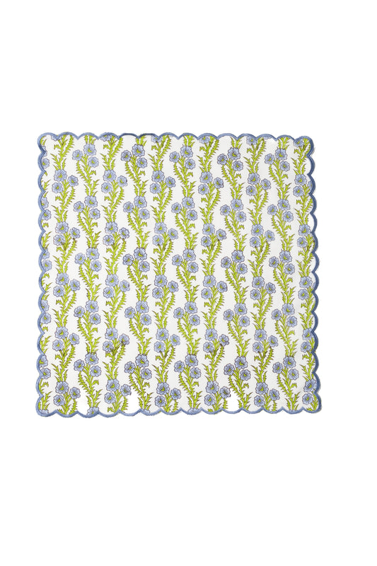 Forget-Me-Not Scallop Embroidered Blockprint Napkins, Set of 4