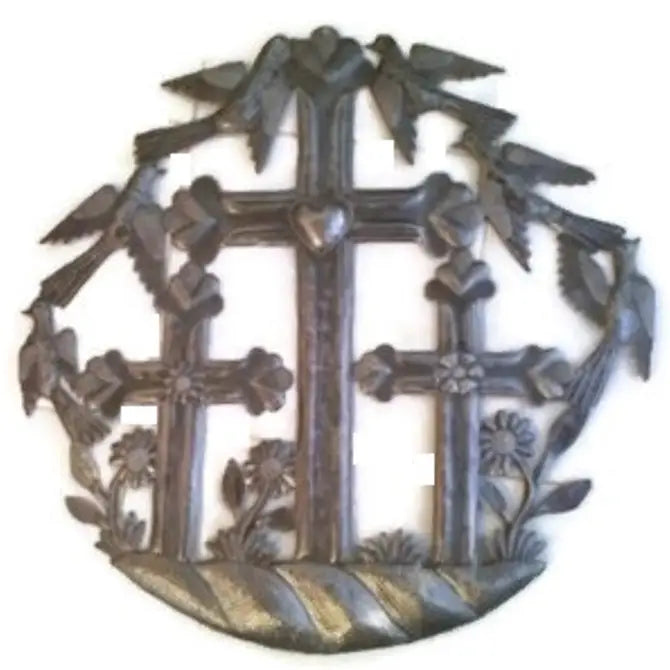 Three Crosses on Calvary's Hill Cross, Haitian Metal Art 23"