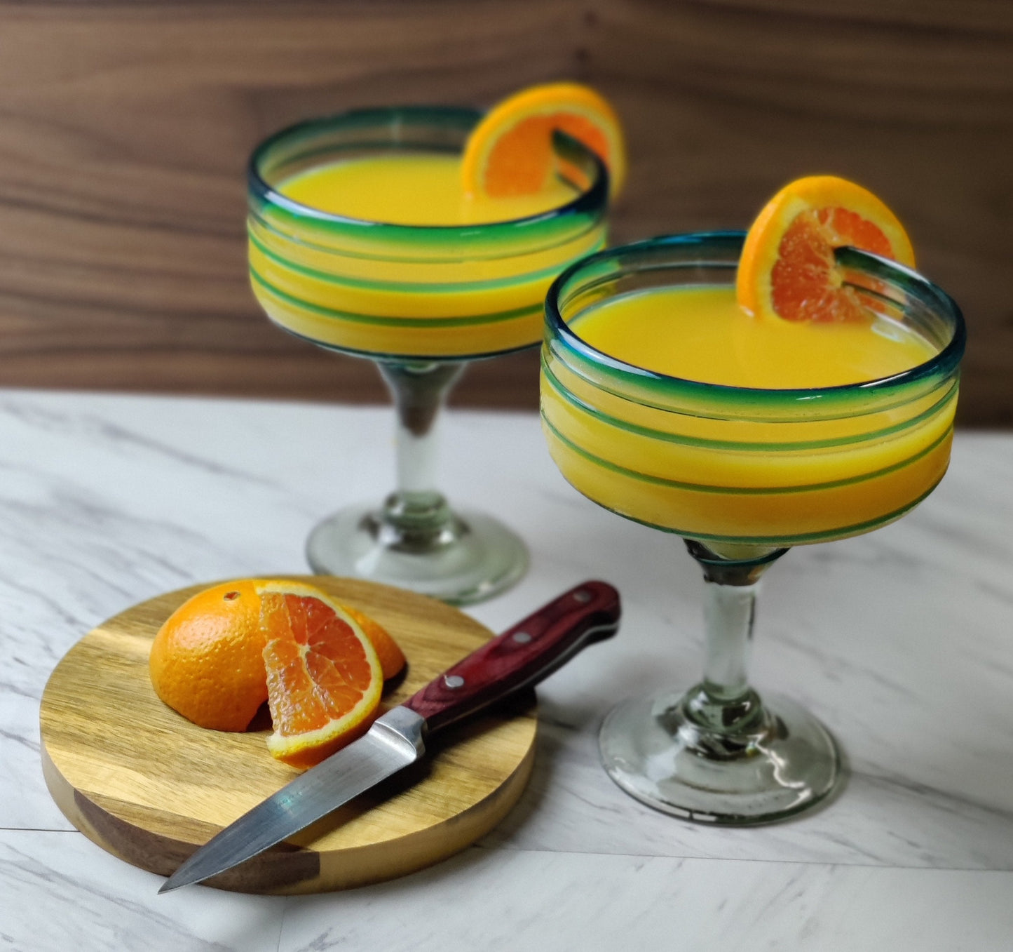 Set of 4 Hand Blown Margarita Glasses with Aqua Spiral Design