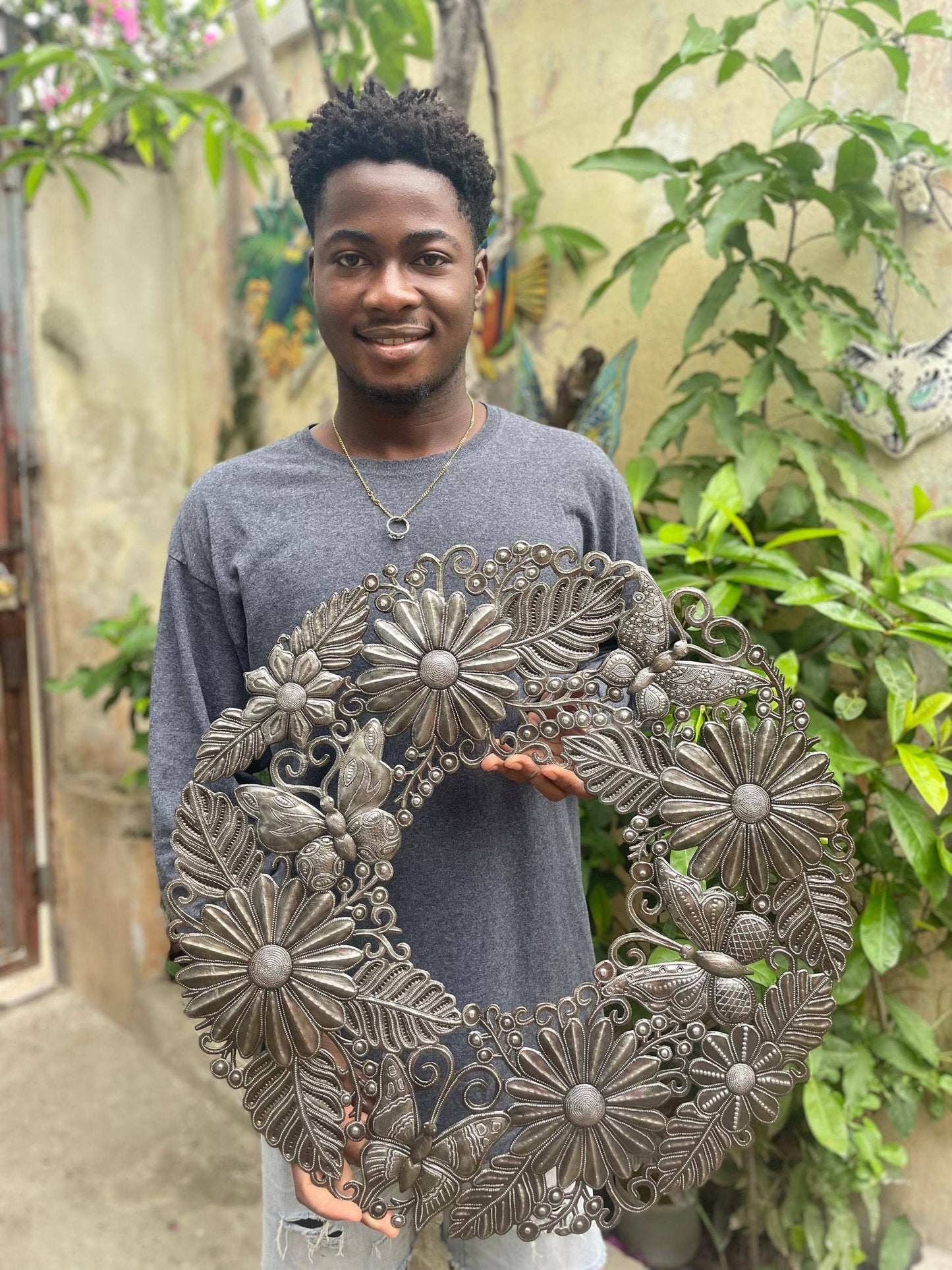Haitian Metal Art, Flower and Butterfly Wreath 23"