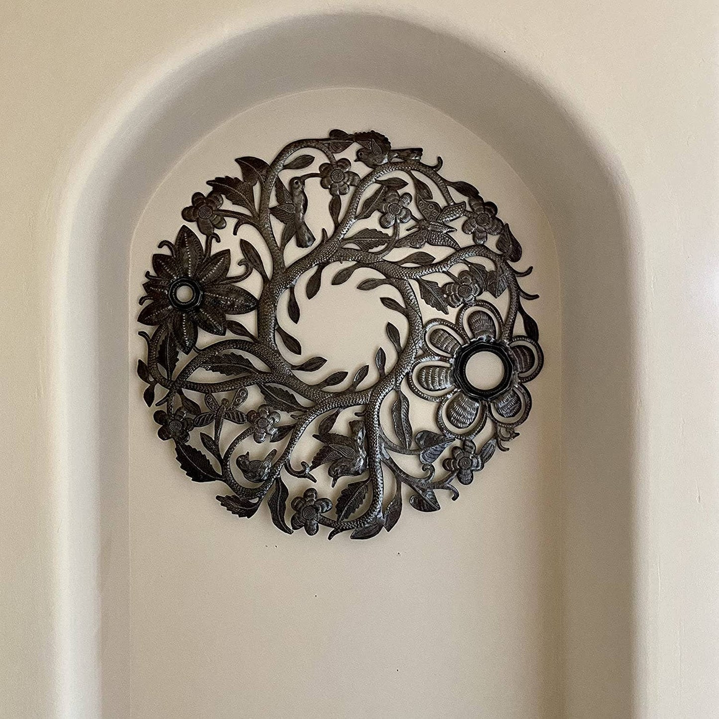 23" Organic Floral Wreath, Handmade Recycled Steel, Wall Hanging Art