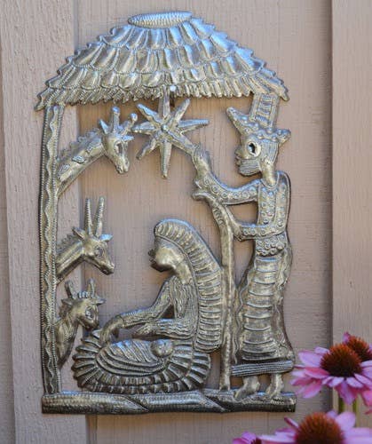 Haitian Metal Art Nativity in the Stable — Handmade