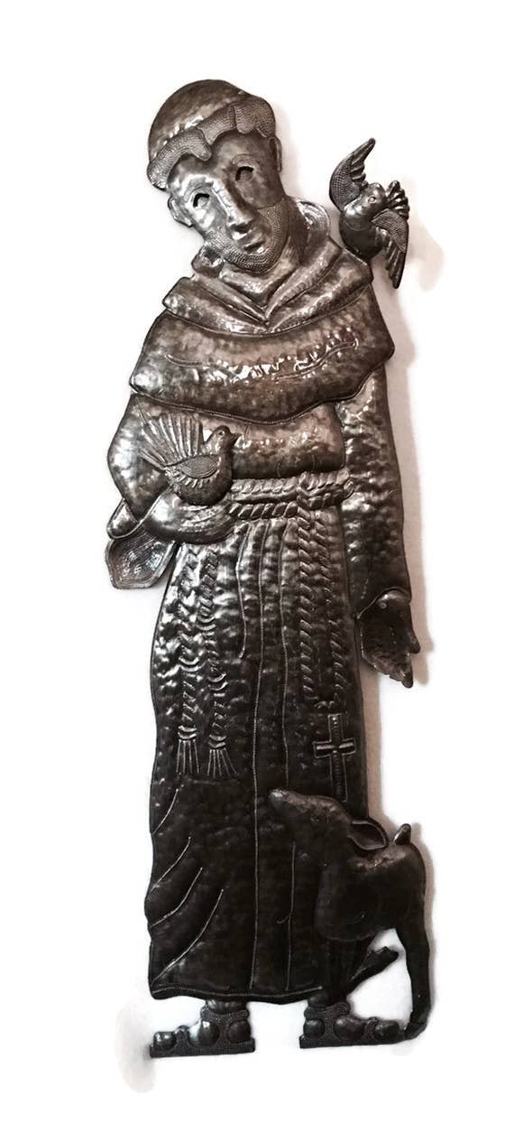 Saint Francis w Lamb Haitian Metal Art 11" x 33" Wall Decor