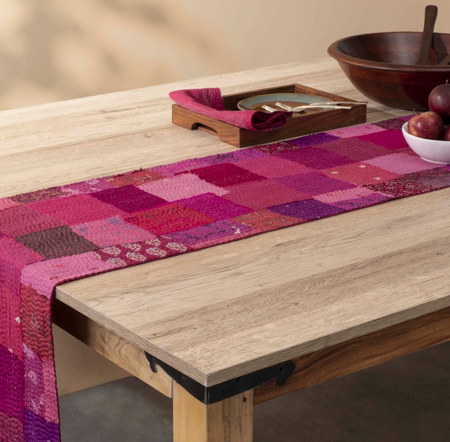 Printed Fray Patch Kantha Runner - Pink