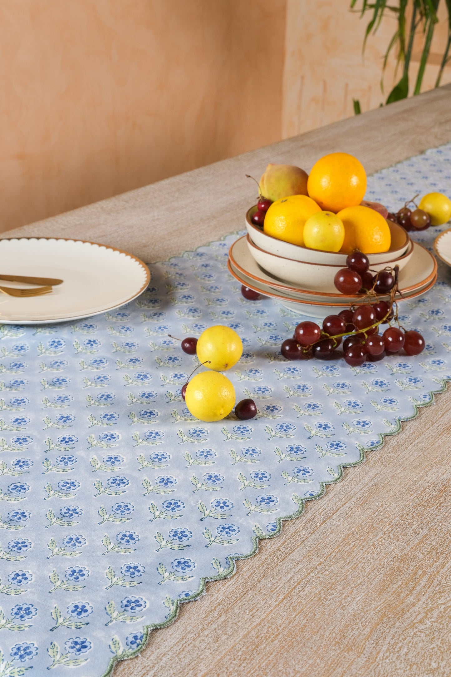 Mona Scallop Embroidered Blockprint Table Runner in Blue