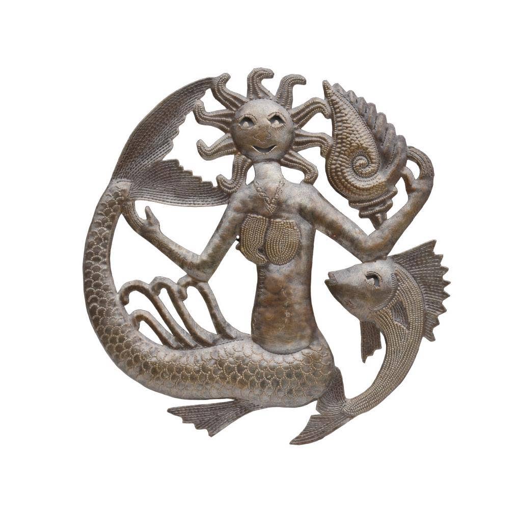 Upcycled Haitian Sunny Mermaid with Fish & Seashell 11"