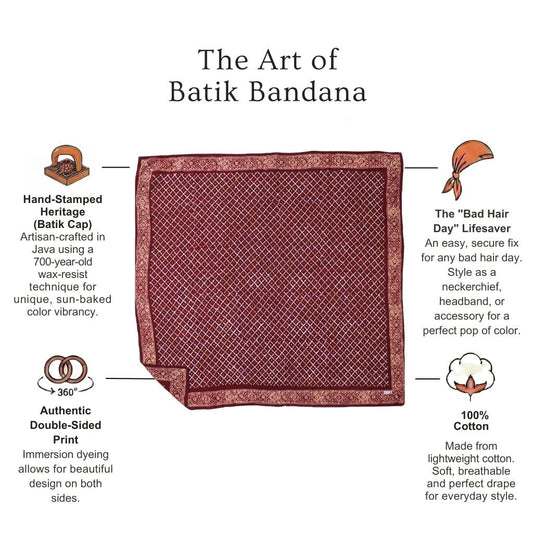 Large 39" Hand Dyed Batik Bandana, 100% Soft Cotton, Crimson Cross, Red, Western Wild Rag