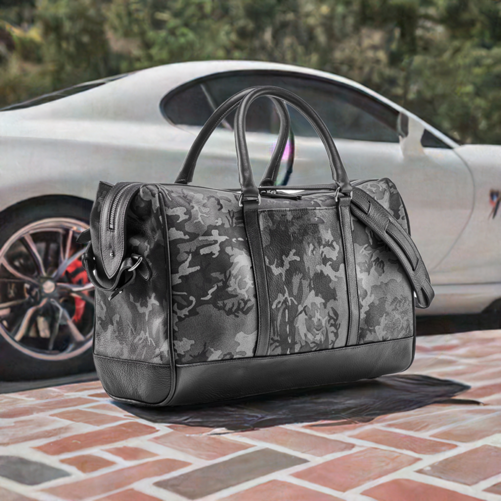 Wanderlust Leather Weekender - Grey Camo