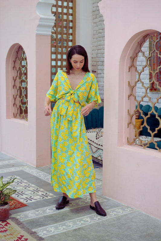 Aubrey Floral Wrap Top and Midi Skirt Matching Set in Yellow Garden
